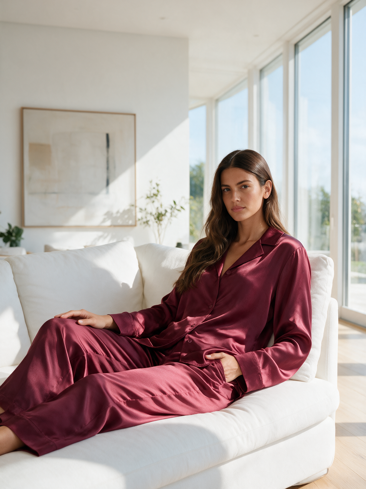 Silk Sleepwear Set Bordeaux Red